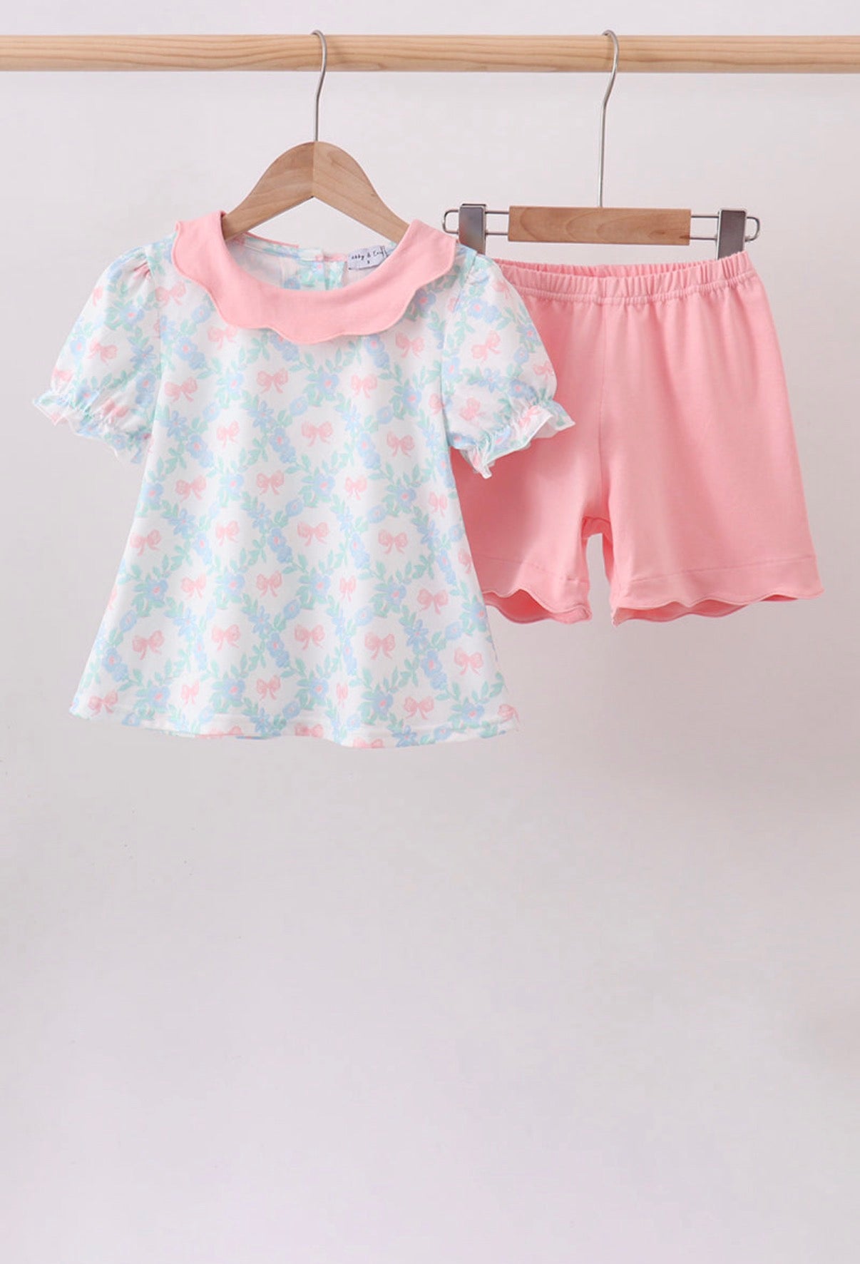 Pink Floral Bow Scalloped Short Set