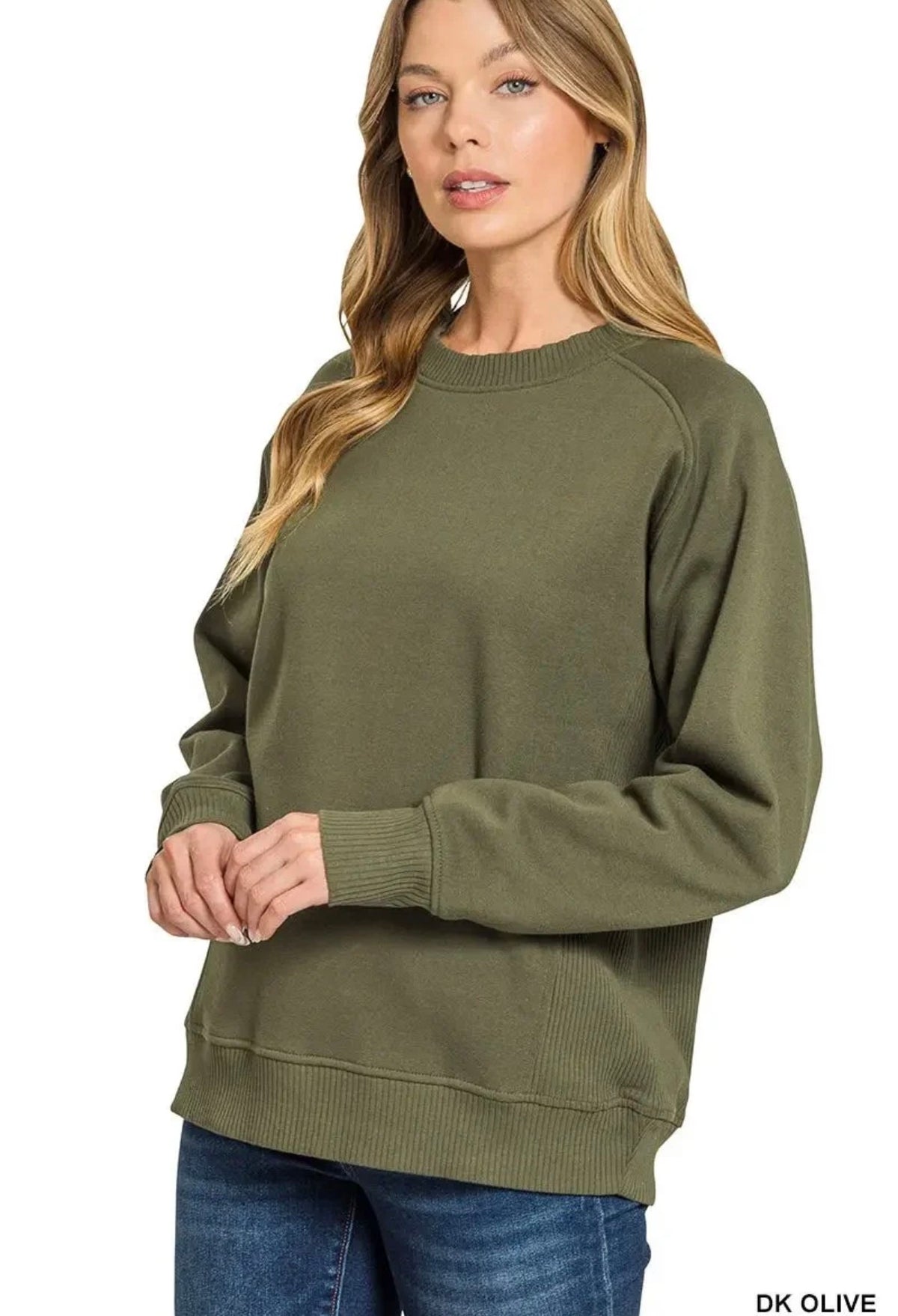 Zenana Fleece Round Neck Ribbed Side Raglan Sweatshirt