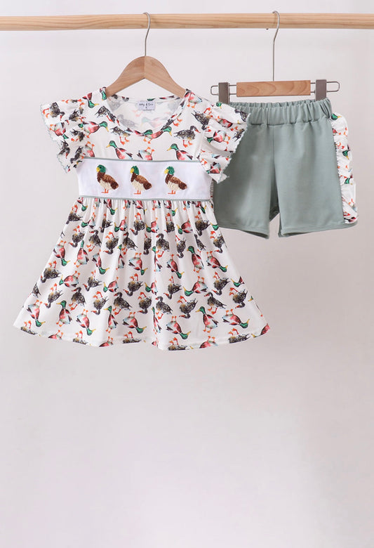 Sage Mallard Duck French Knot Ruffle Short Set