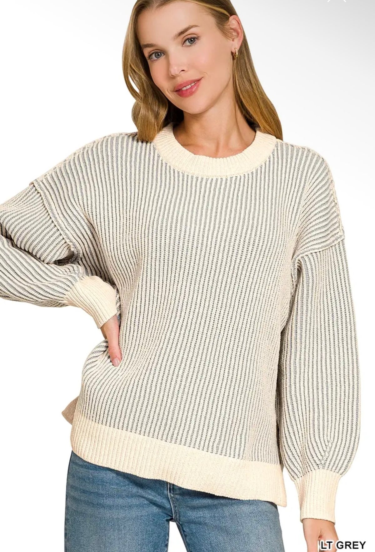 Zenana Two-Tone Crewneck Sweater Light Grey
