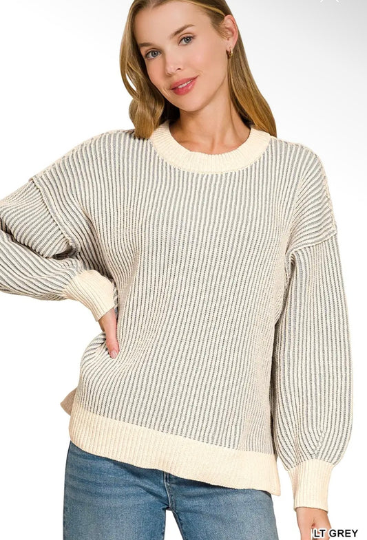 Zenana Two-Tone Crewneck Sweater Light Grey