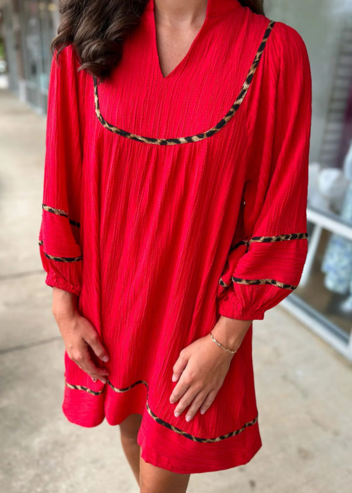 Fiery Red Textured V-Neck Leopard Contrast-Trim Long-Sleeve Shift Mini Dress