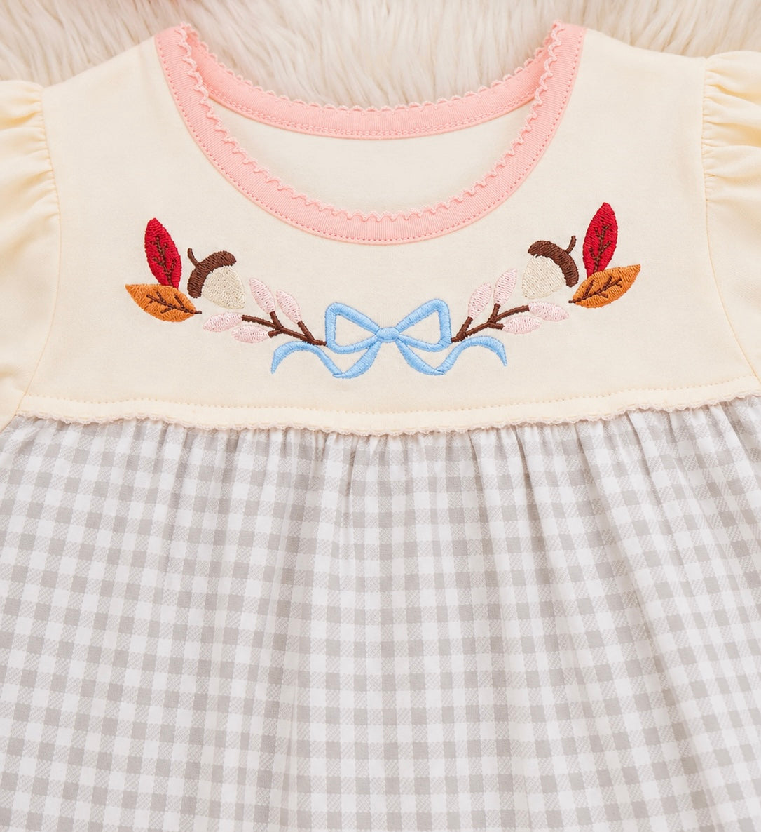 Autumn Acorns Bows Embroidered Plaid Bell-Bottom Outfit