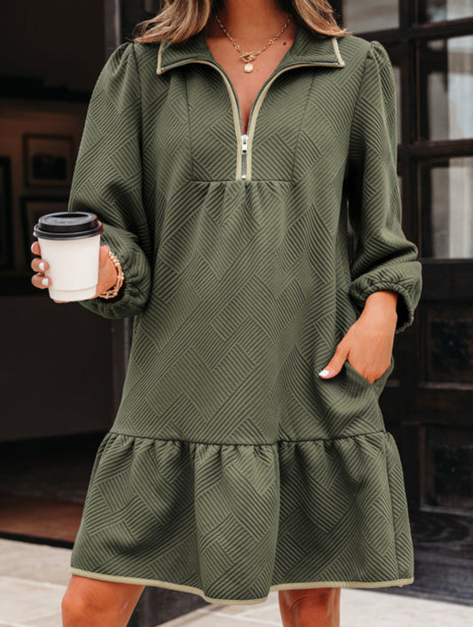 Green / Olive Quarter Zip Collar Bracelet Sleeve Textured Dress