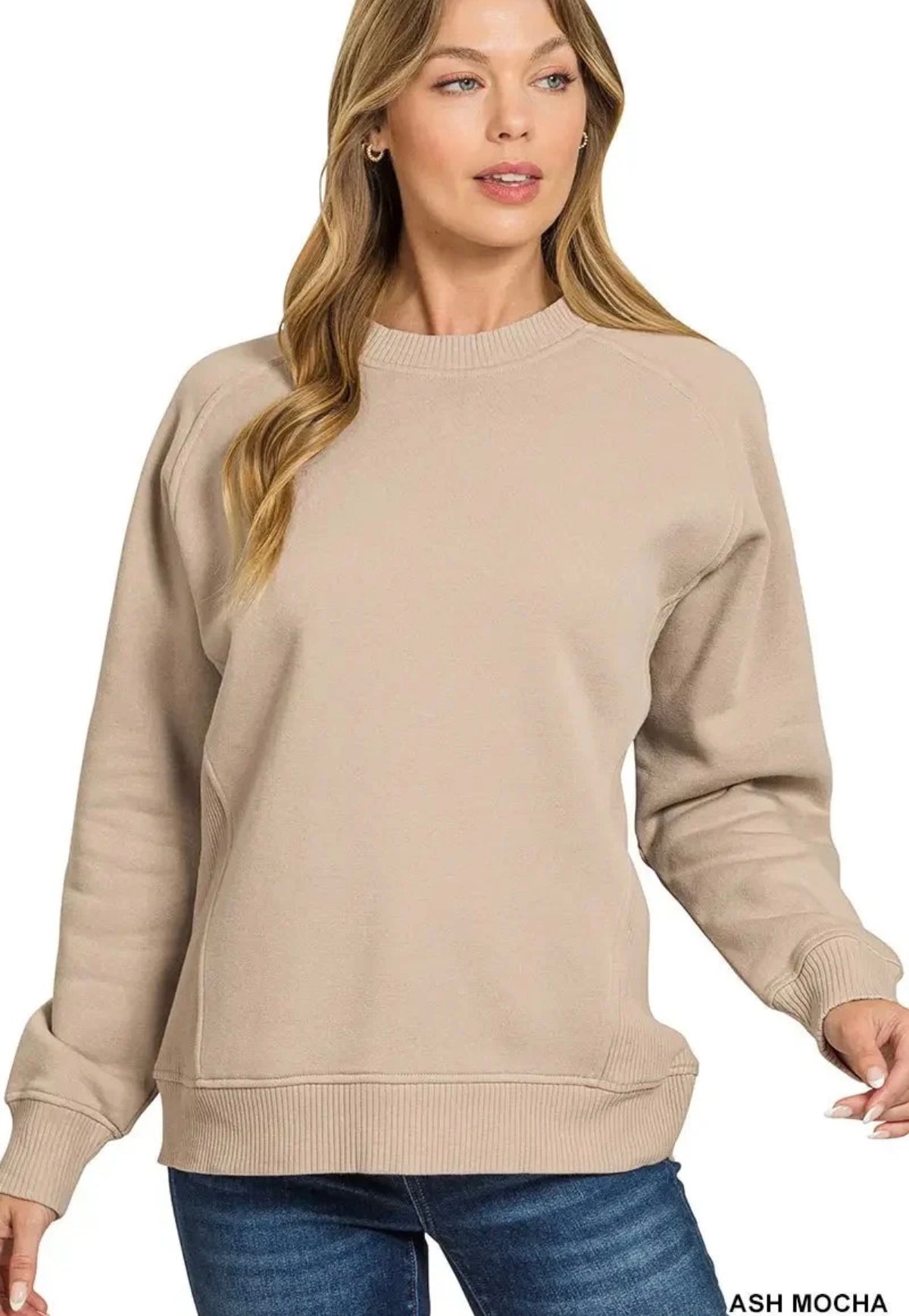 Zenana Fleece Round Neck Ribbed Side Raglan Sweatshirt