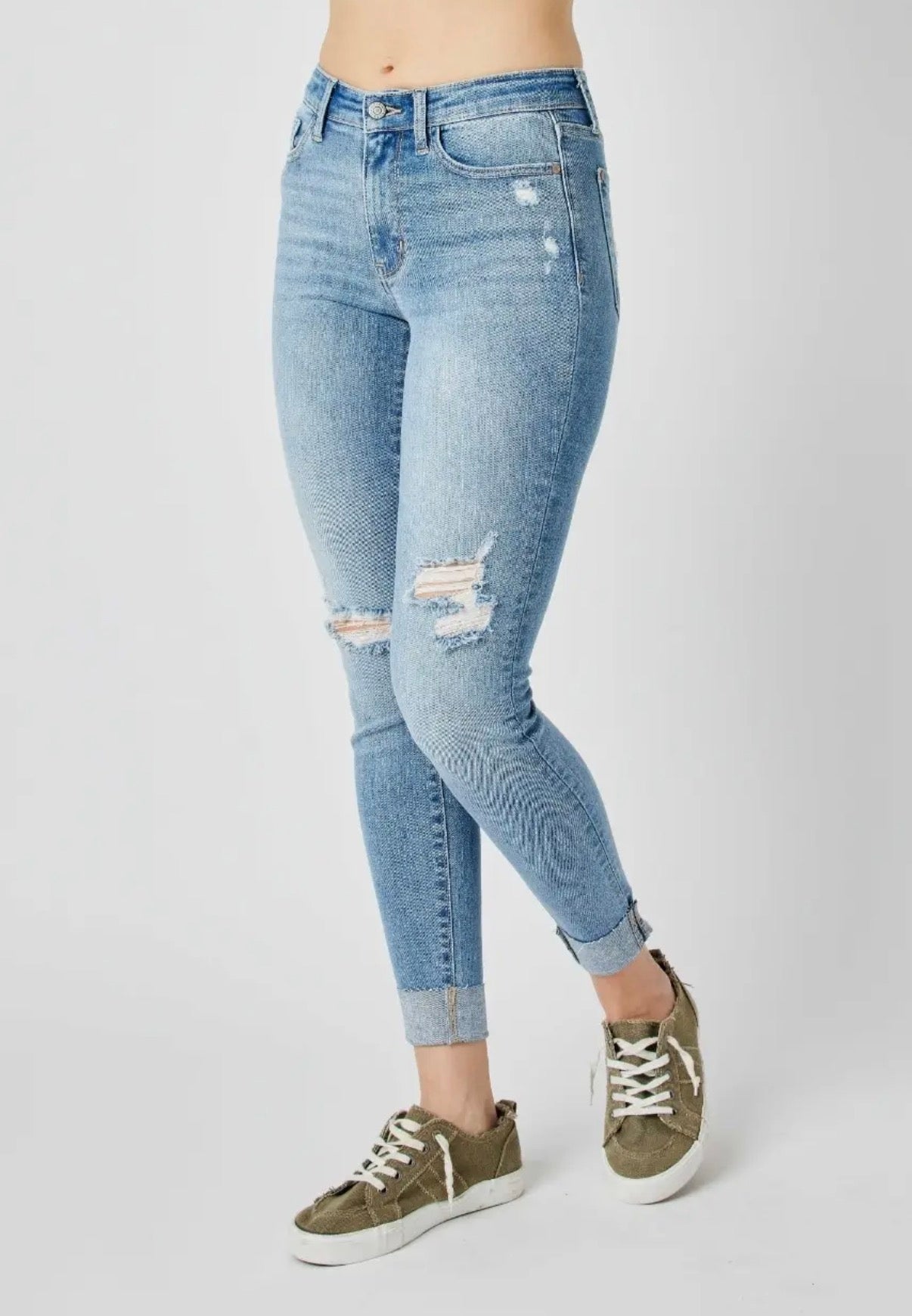 Judy Blue Mid Rise Destroy & Cuff Skinny Denim Jeans