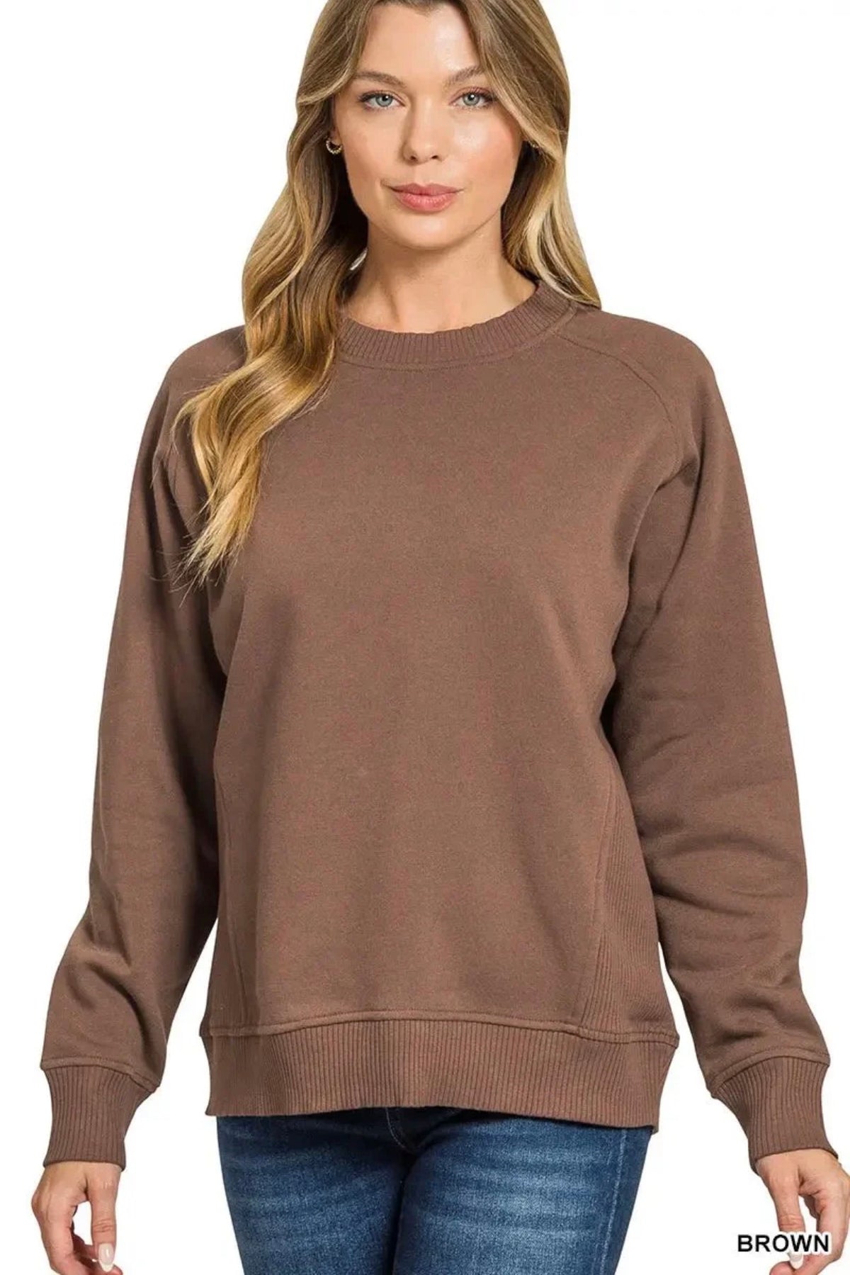 Zenana Fleece Round Neck Ribbed Side Raglan Sweatshirt Plus
