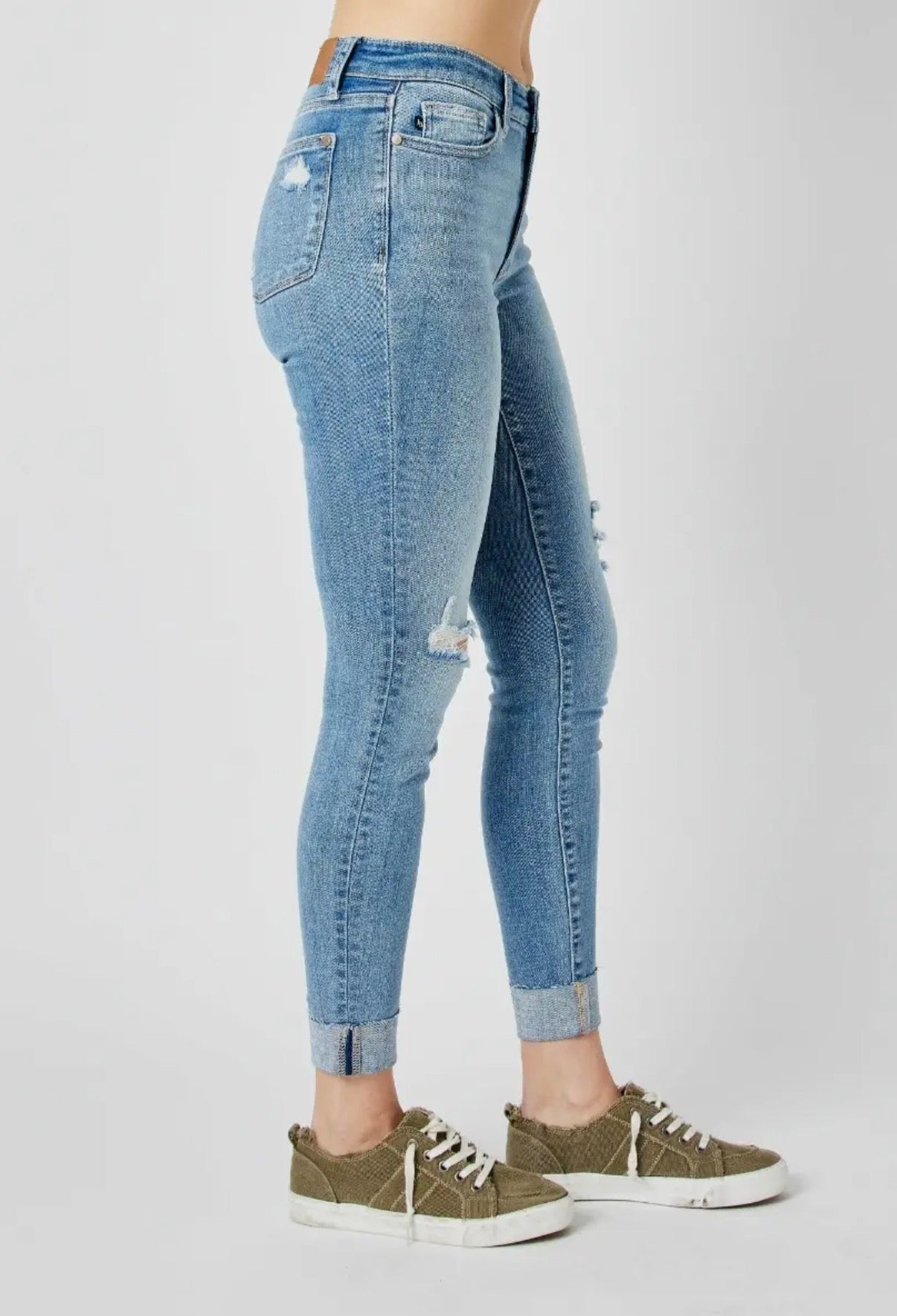 Judy Blue Mid Rise Destroy & Cuff Skinny Denim Jeans