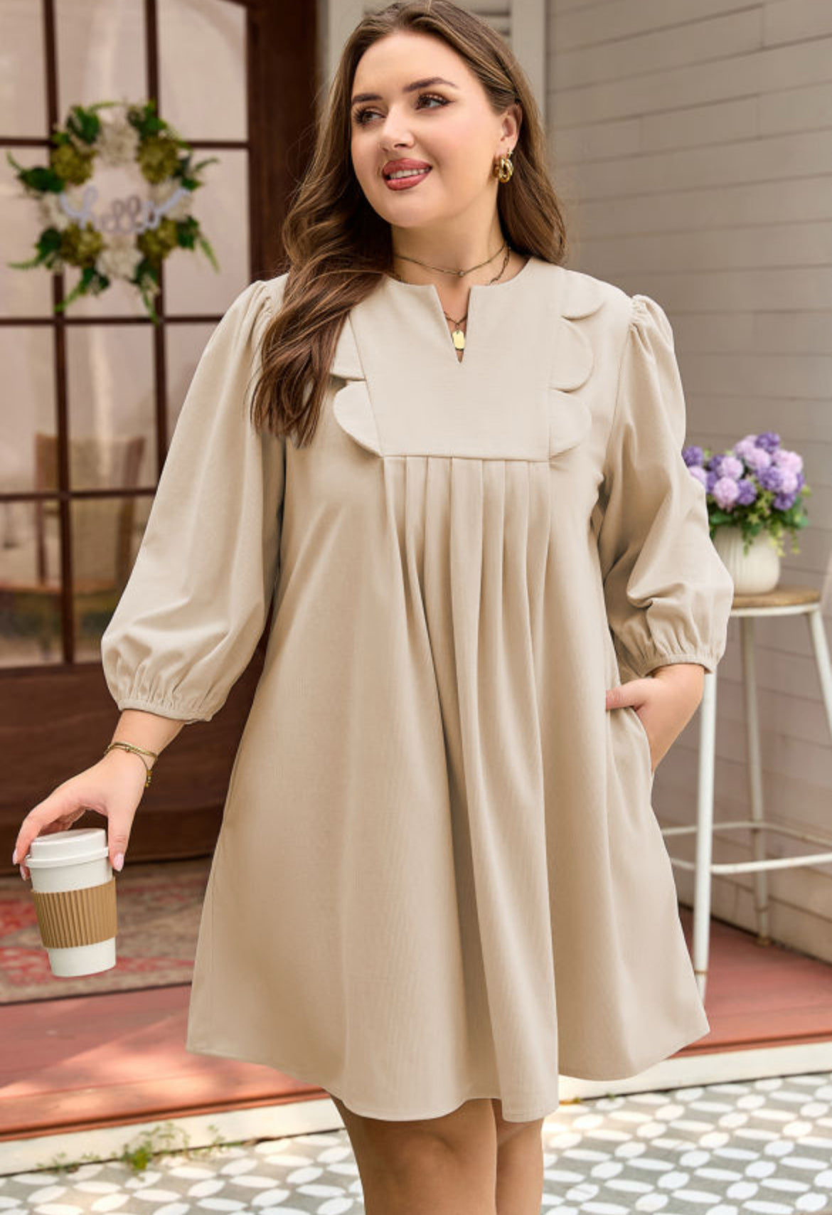 Scallop Detail Pleated Corduroy Dress – Plus Size