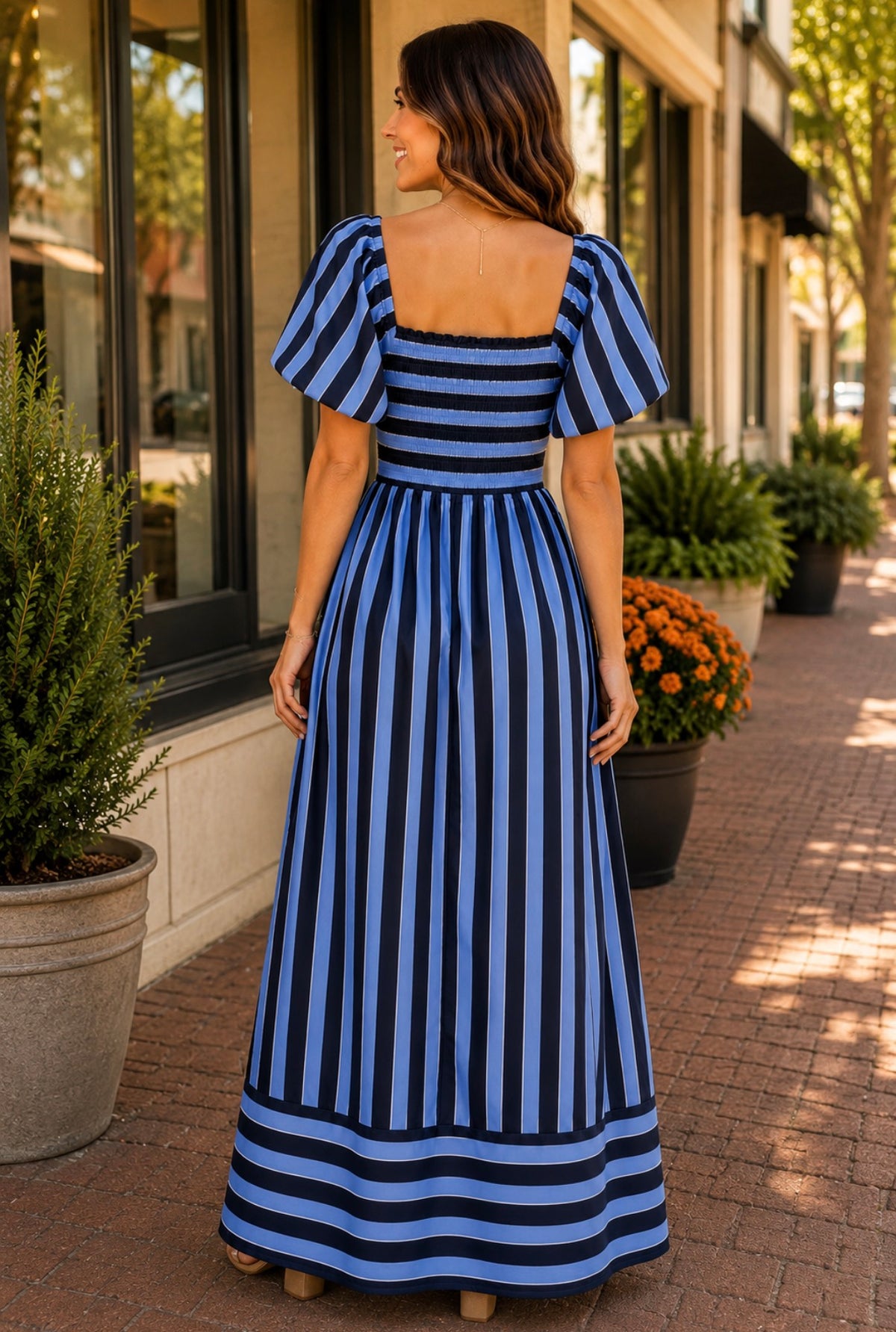 She + Sky Blue Striped Smocked Maxi Dress
