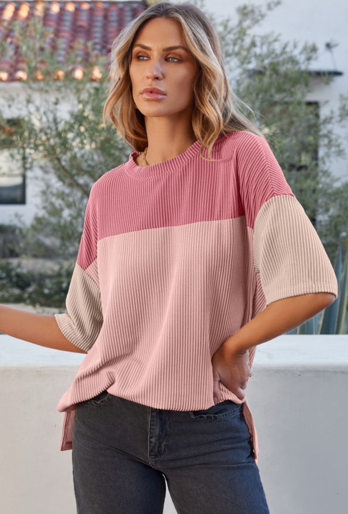 Pink Colorblock Ribbed Knit Short Sleeve Top