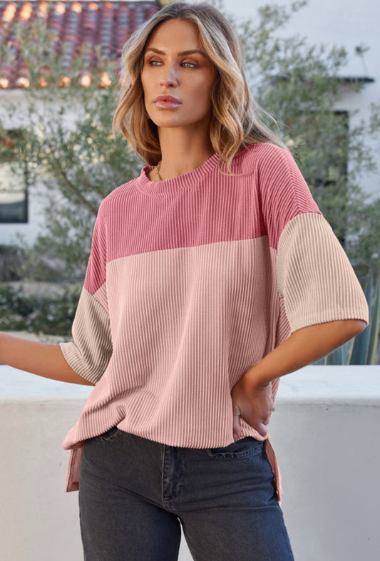 Pink Colorblock Ribbed Knit Short Sleeve Top