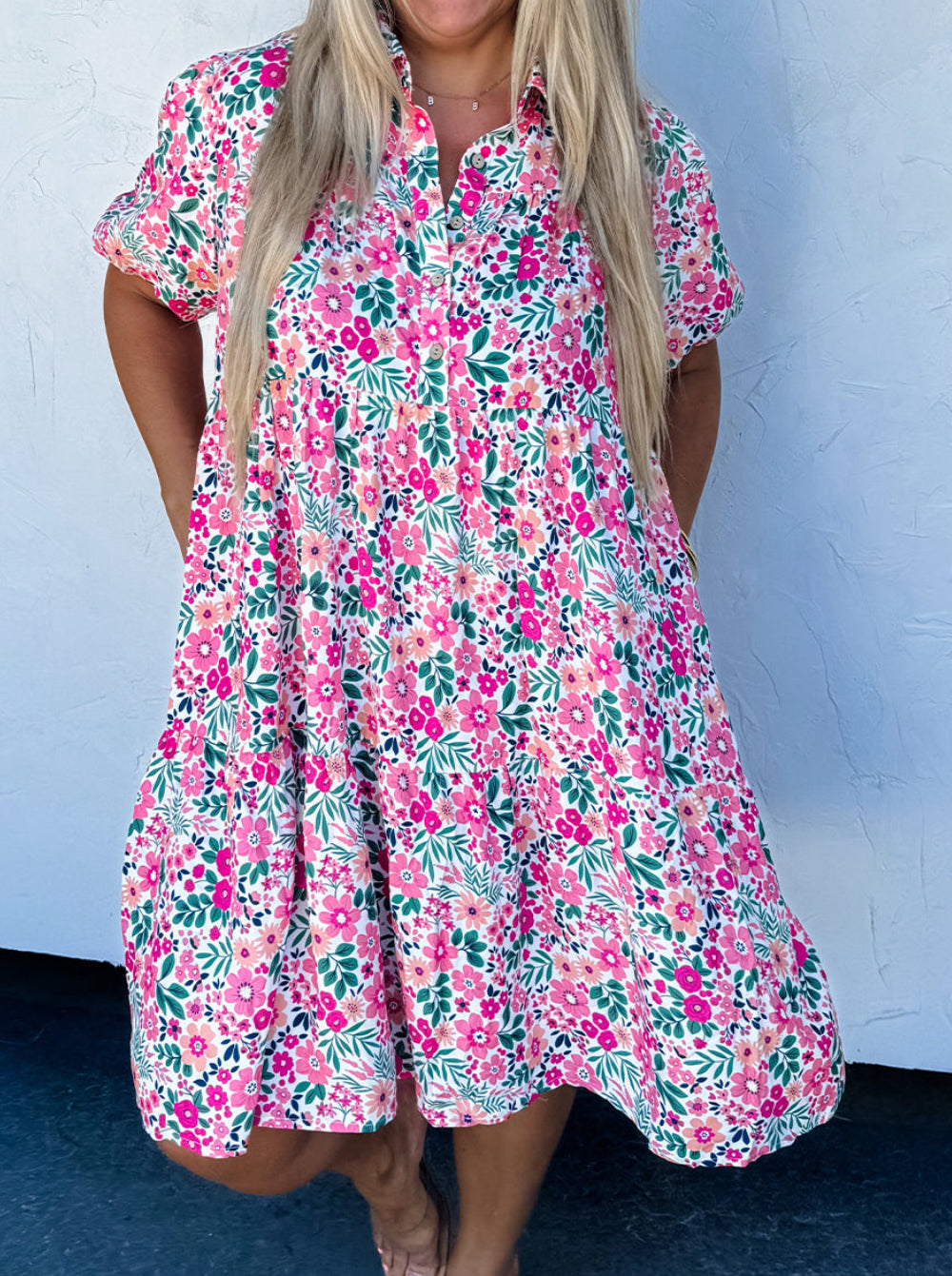 Pink Floral Collared Half Placket Short Sleeve Loose Dress