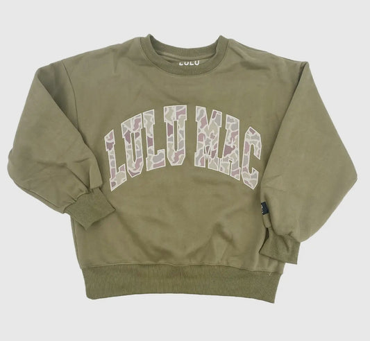 LULU MAC Camo Letter Sweatshirt – Green Pullover | Cozy Southern Style Crewneck