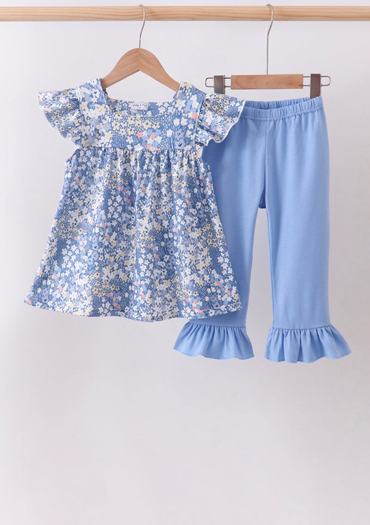 Blue Floral Print Ruffle Pants Set