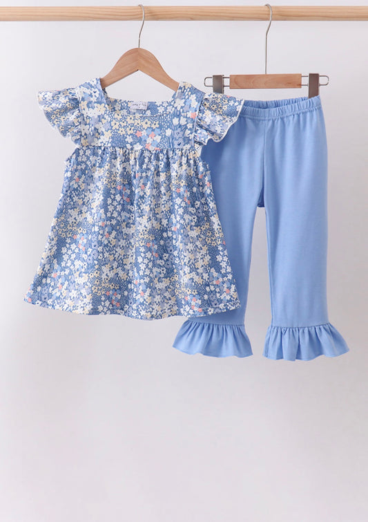 Blue Floral Print Ruffle Pants Set