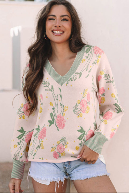 Pink Floral Pattern Striped V-Neck Sweater