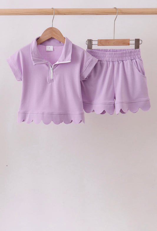 Purple Scalloped Zipper Short Set
