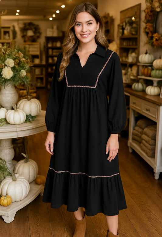 Black Leopard Trimmed Dress