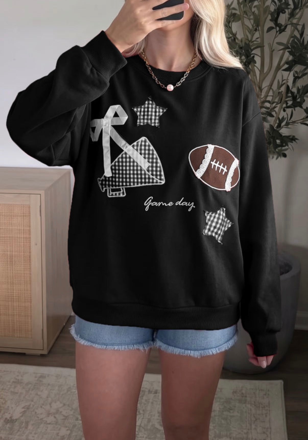 Black Gingham Embroidered Football Game Day Sweatshirt