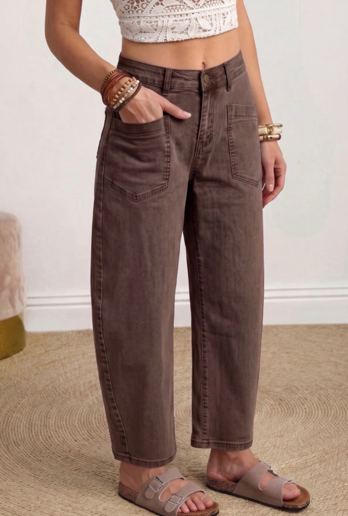 Brown Square Patch Pocket Ankle-length Barrel Jeans