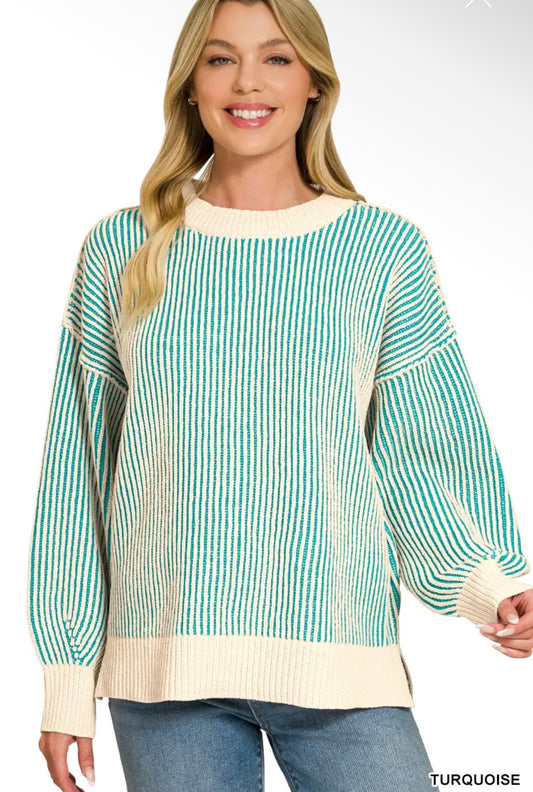 Zenana Two-Tone Crewneck Sweater Turquoise