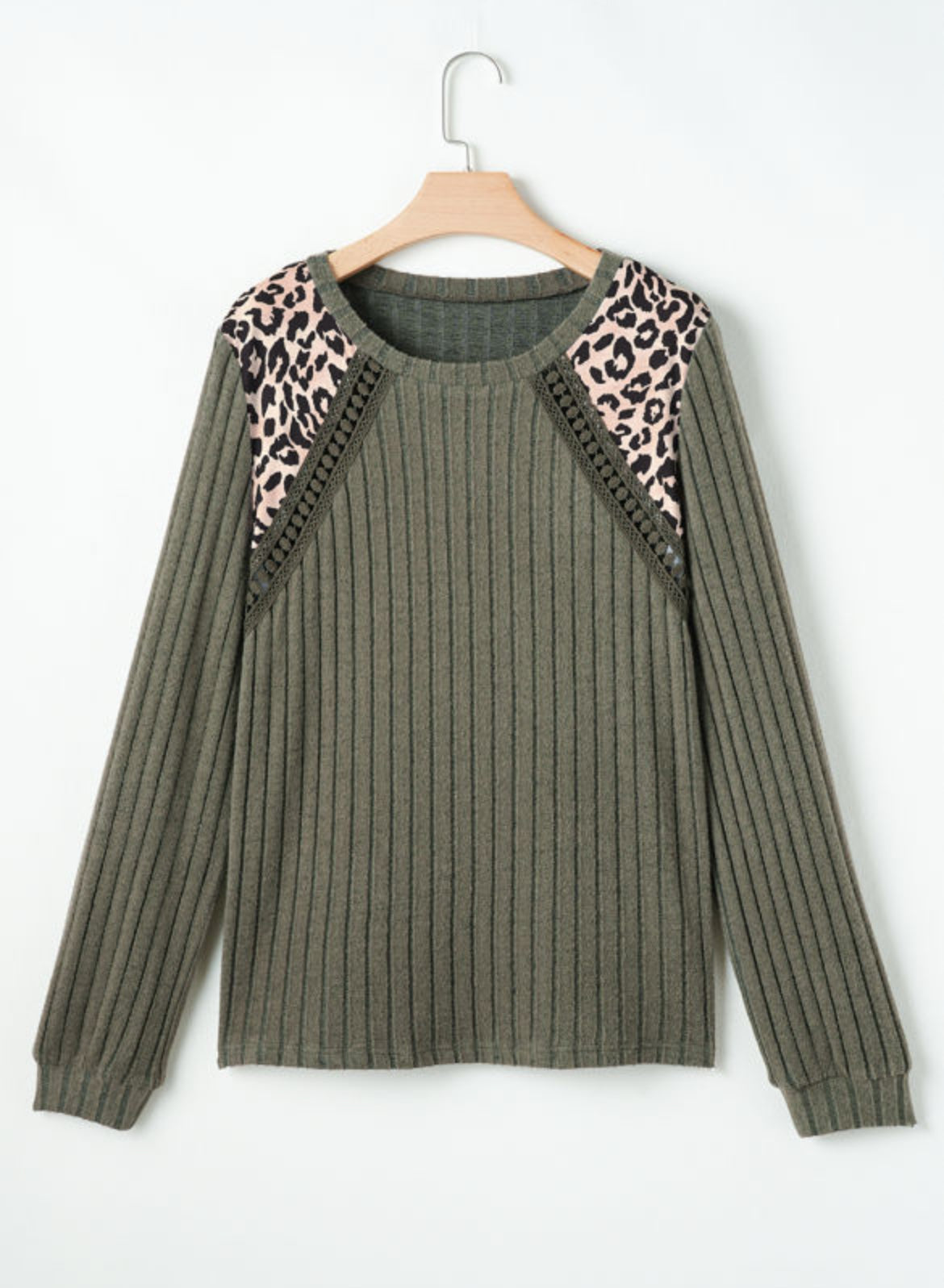 Leopard Print Patchwork Ribbed Long Sleeve Green Top