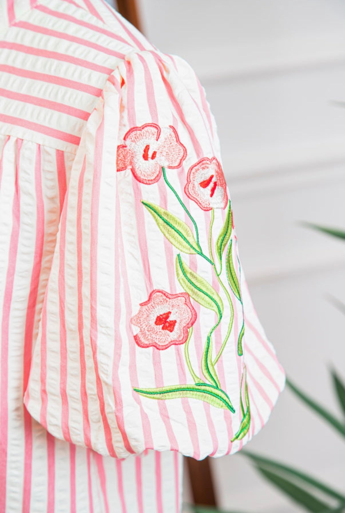 Pink Blossom Embroidered Stripe Blouse