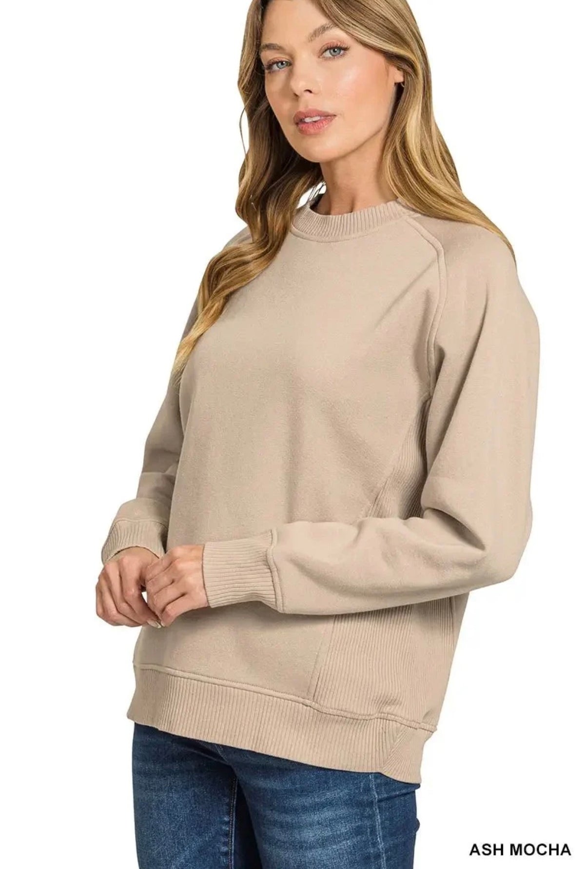 Zenana Fleece Round Neck Ribbed Side Raglan Sweatshirt