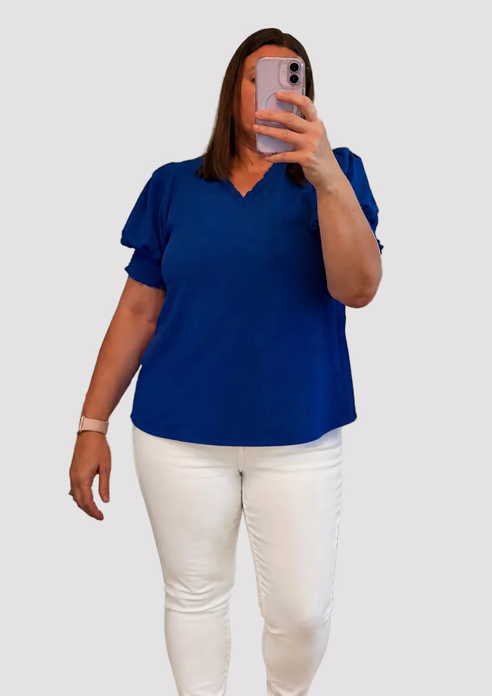 Royal Blue Ruffle Neck Puff Sleeve Top by JODIFL