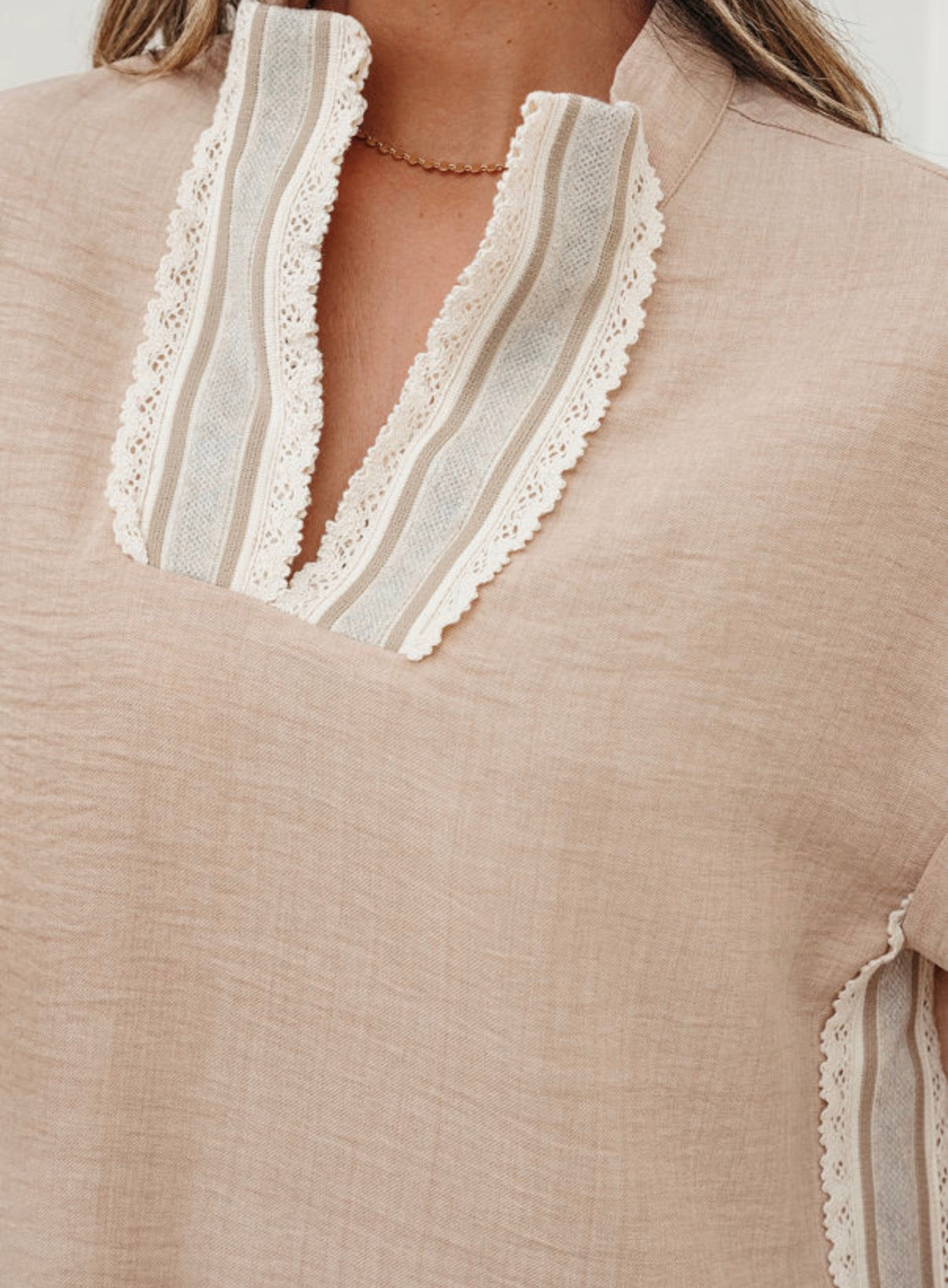 Parchment Crochet Lace V-Neck Blouse | Rolled Sleeve Top