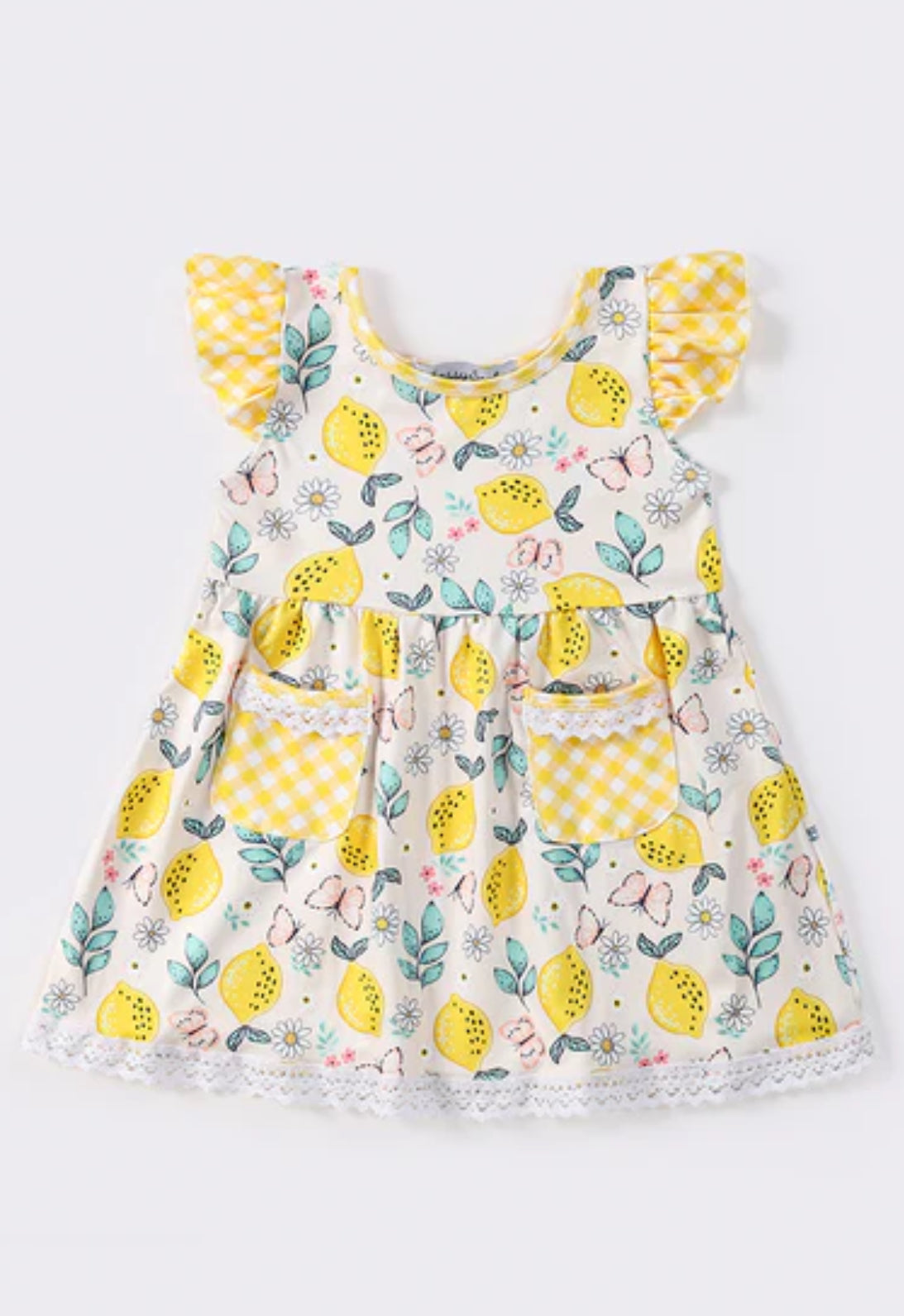 Gingham Lemon Pocket Ruffle Dress