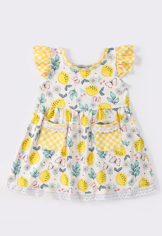Gingham Lemon Pocket Ruffle Dress