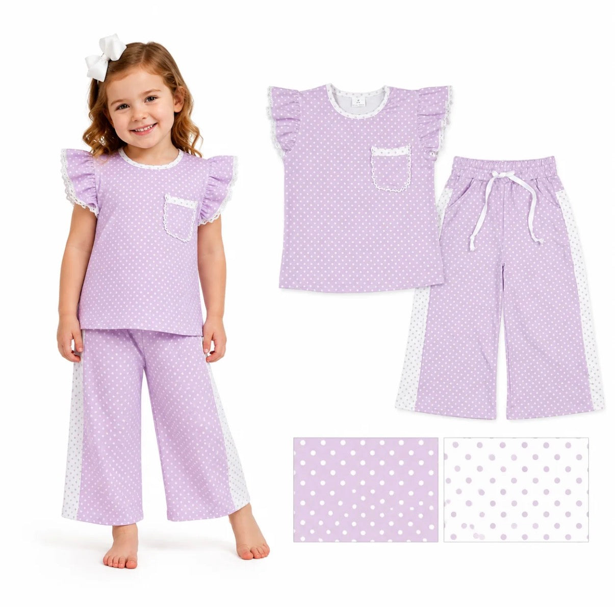 Lavender Polka Dot Flutter Sleeve Top Pants Set Girls Outfit