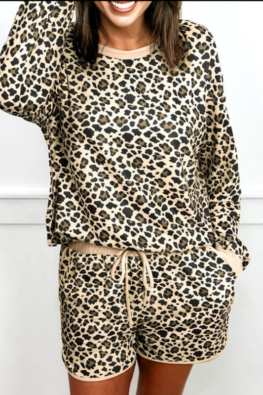 Brown Leopard Print Contrast Trim Long Sleeve Pullover Drawstring Shorts 2pcs Outfit