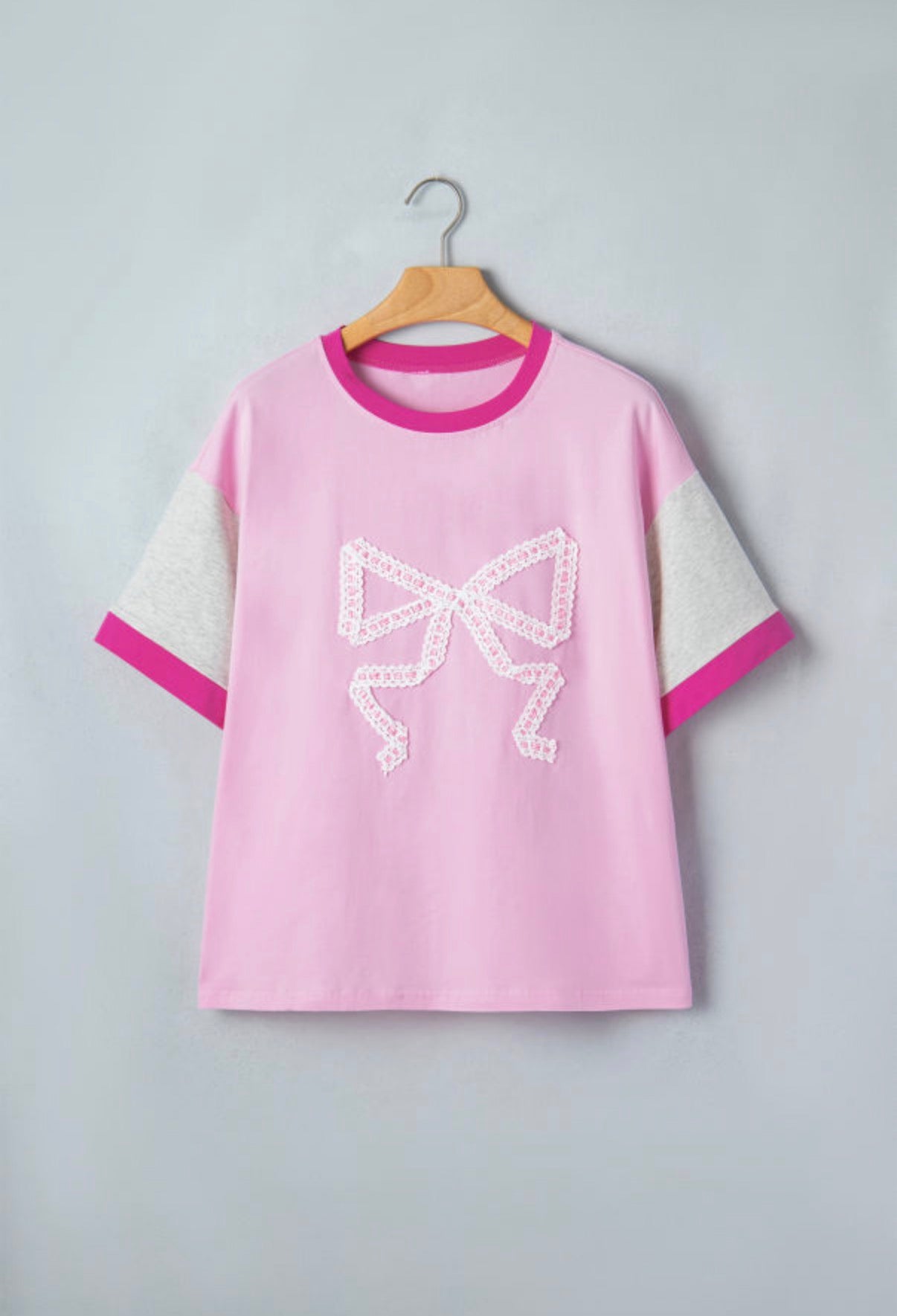 Pink Embroidered Bow Colorblock Tee