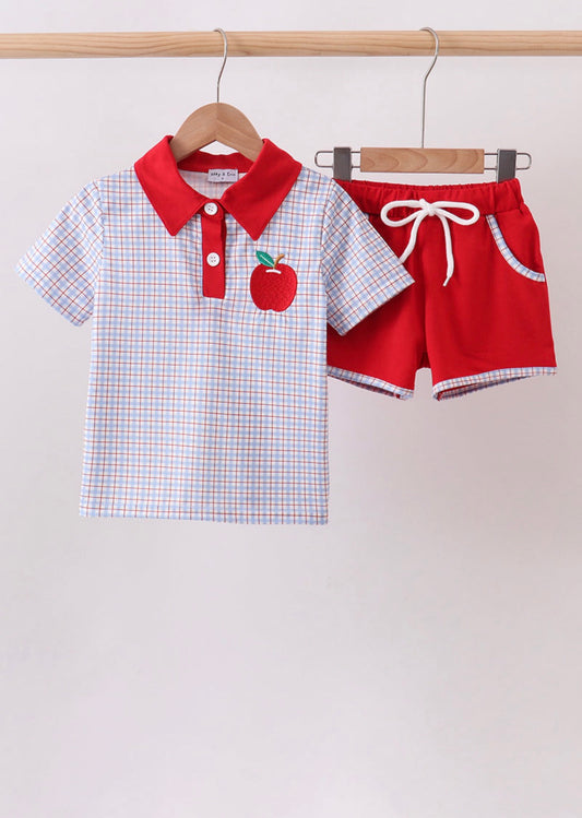Boys Apple Plaid Polo & Red Shorts Set