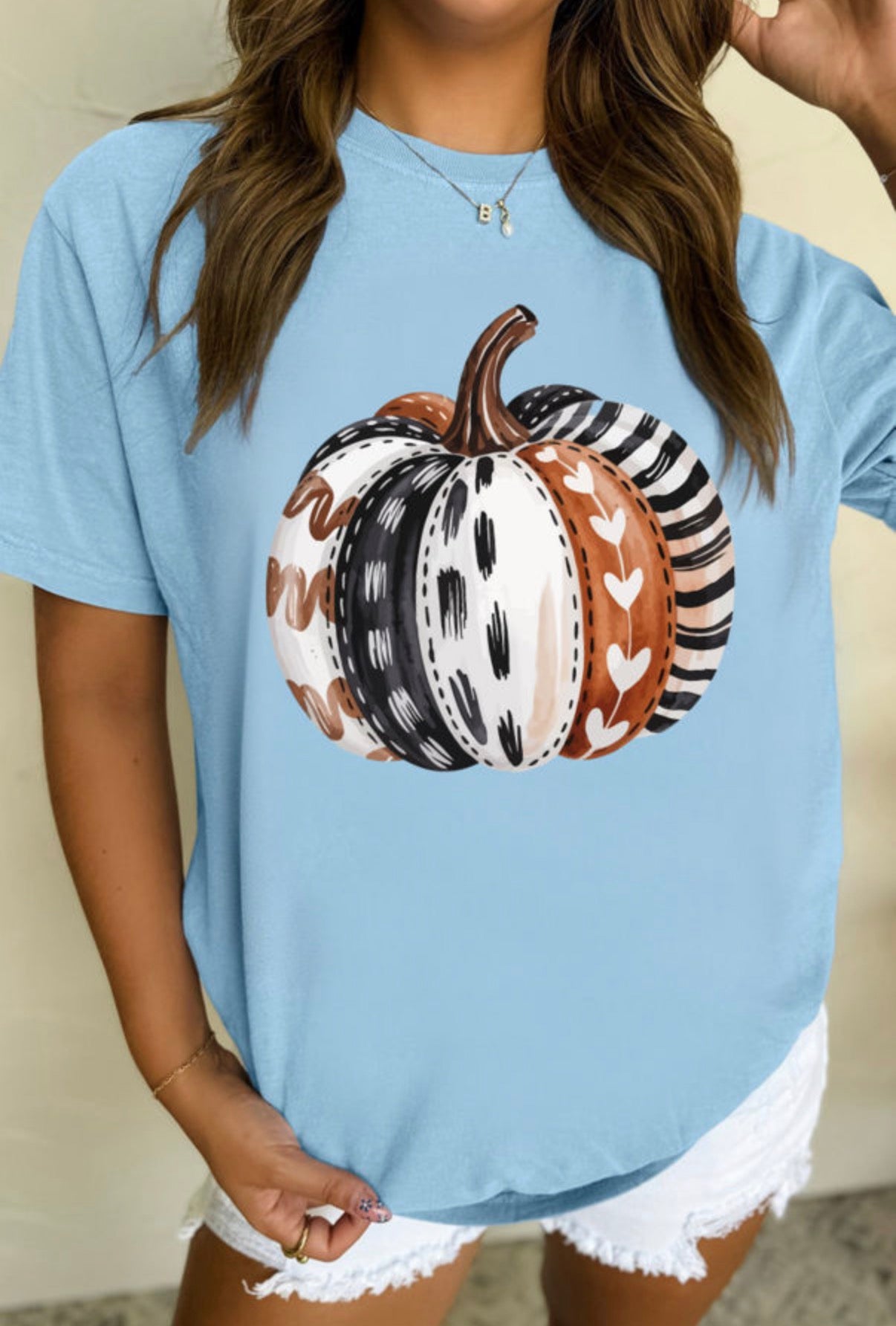 Blue Patchwork Print Pumpkin Graphic Tee