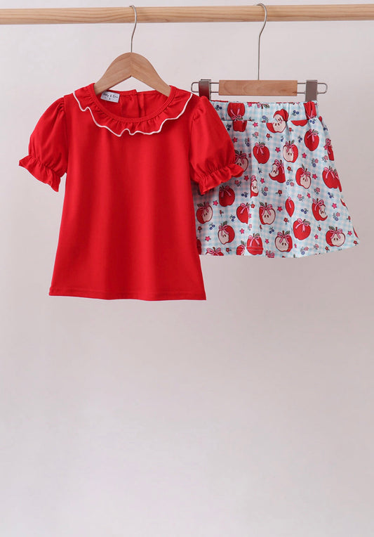 Girls Apple School Skort Set | Red Ruffle Top & Skort