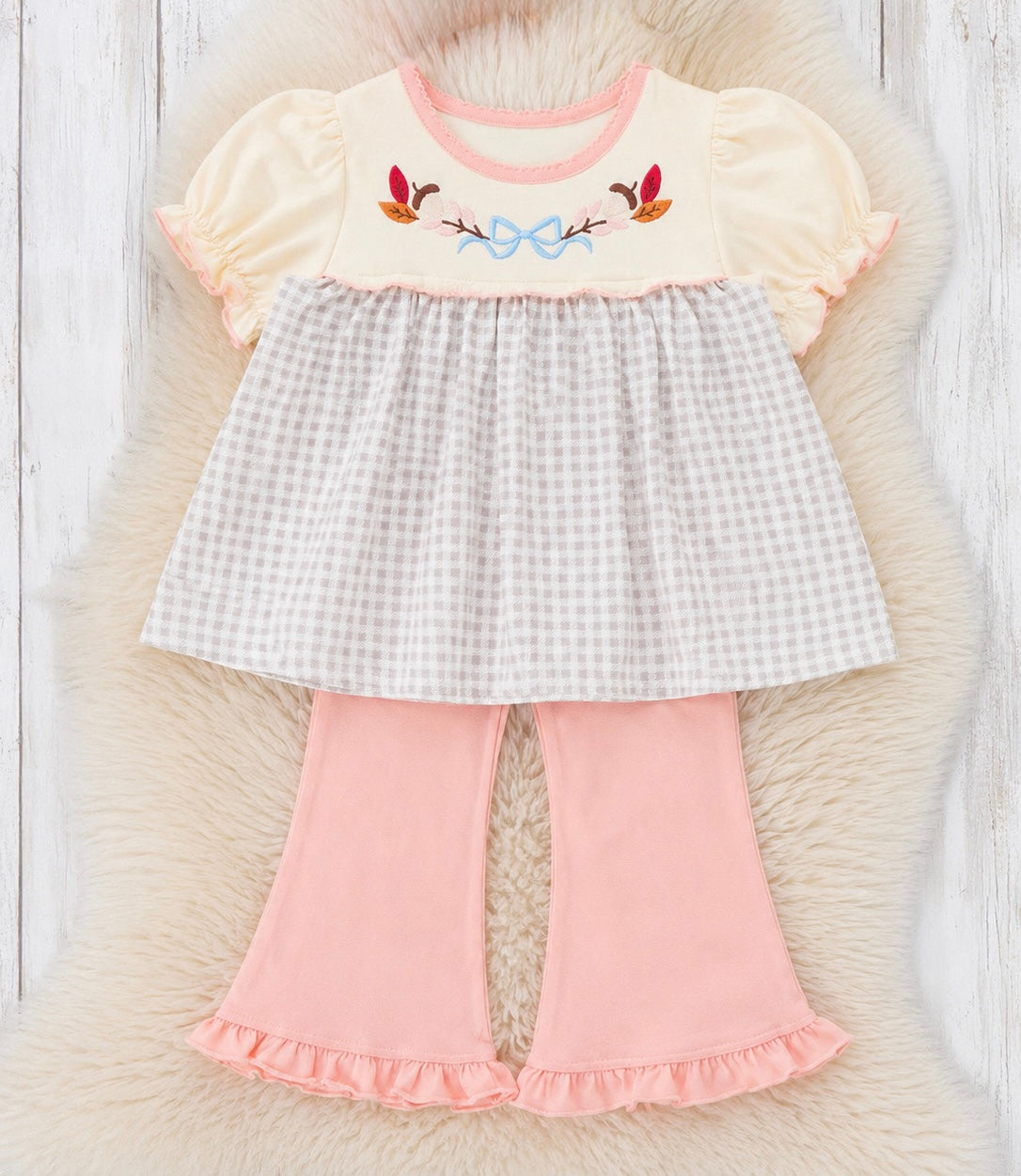 Autumn Acorns Bows Embroidered Plaid Bell-Bottom Outfit