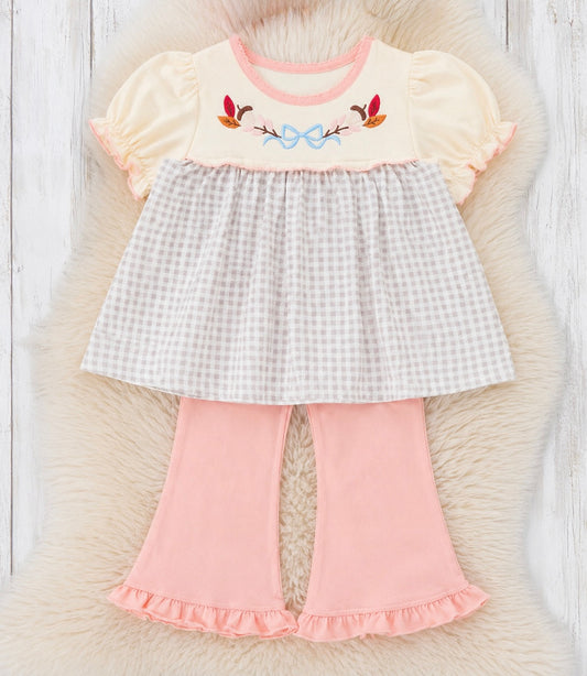 Autumn Acorns Bows Embroidered Plaid Bell-Bottom Outfit