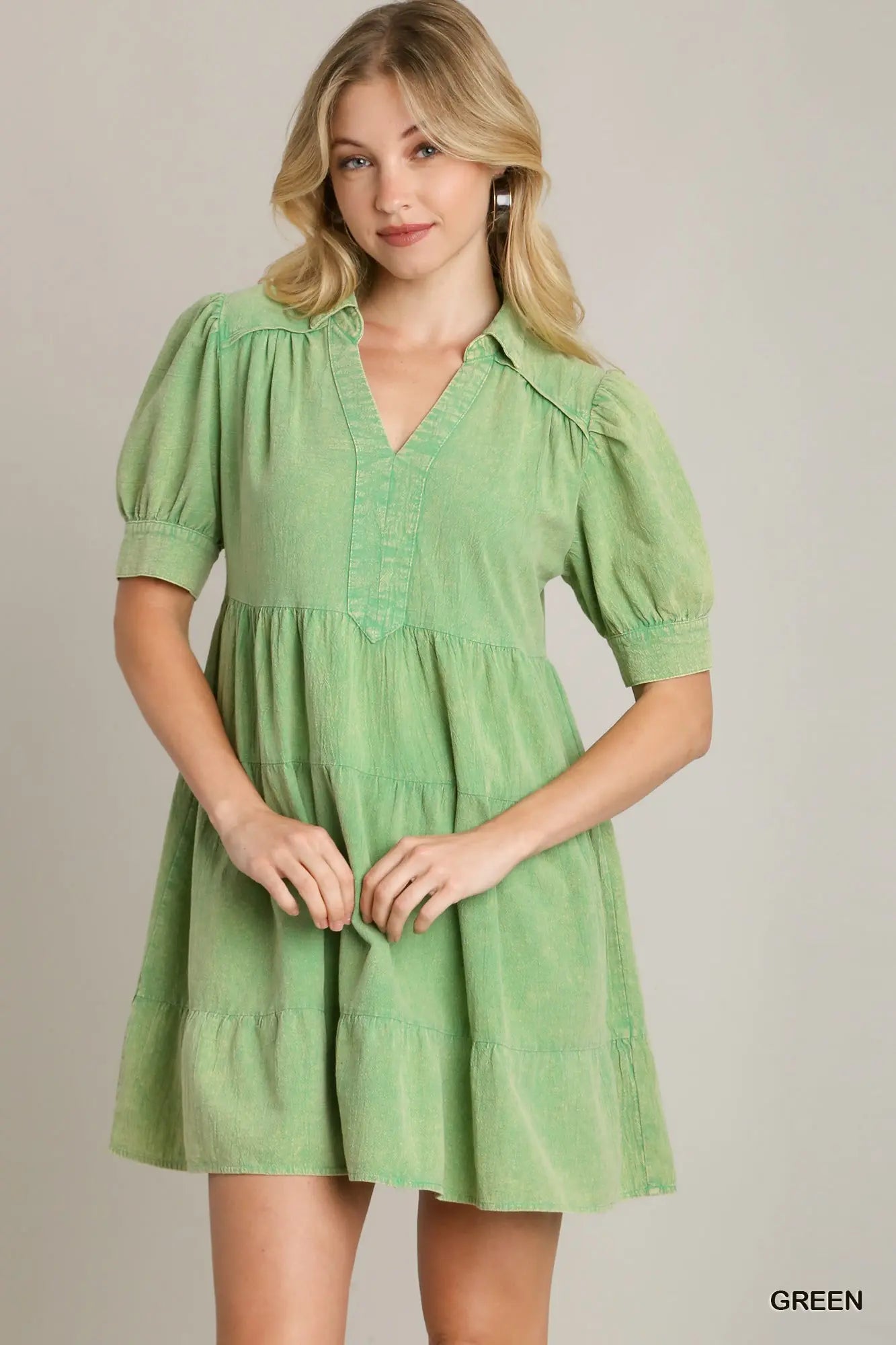 Mineral Washed A-Line Collared Tiered Dress with Short Puff Sleeves by Umgee