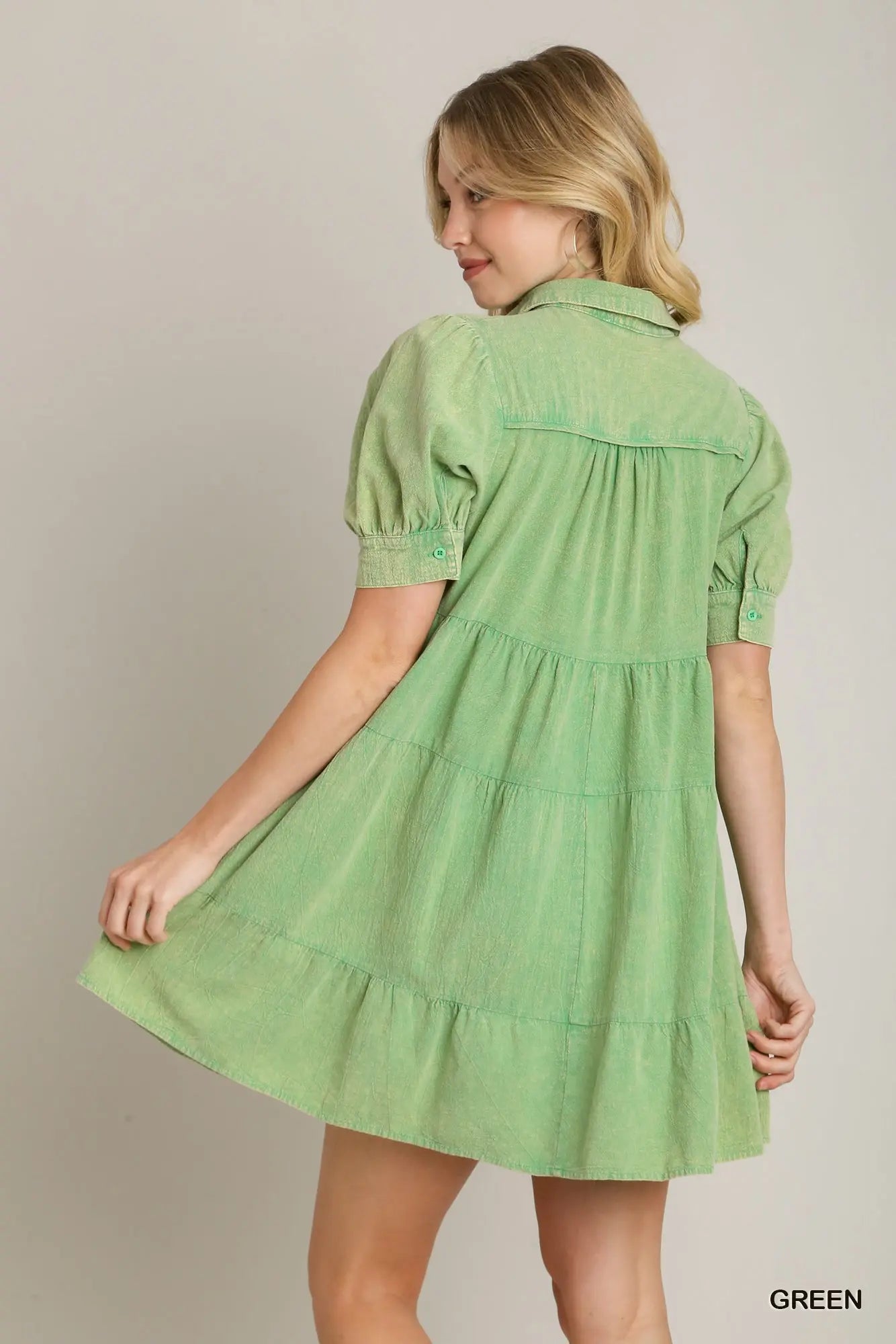 Mineral Washed A-Line Collared Tiered Dress with Short Puff Sleeves by Umgee