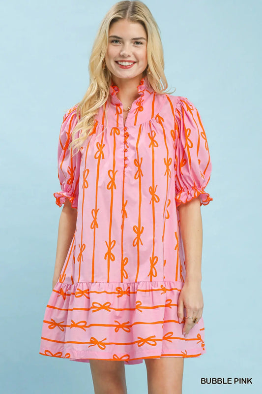 Bow Print Babydoll Dress by Umgee