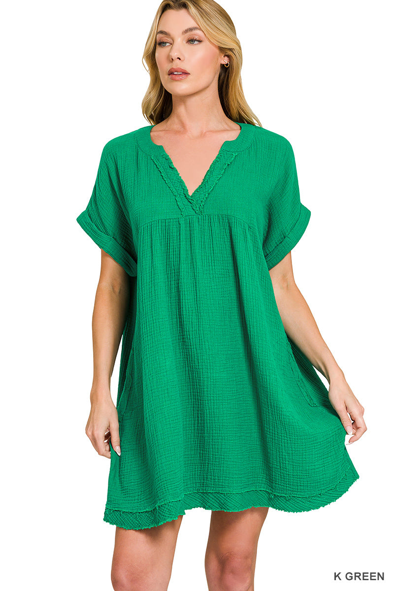 Green Raw Edge Gauze Dress by Zenana