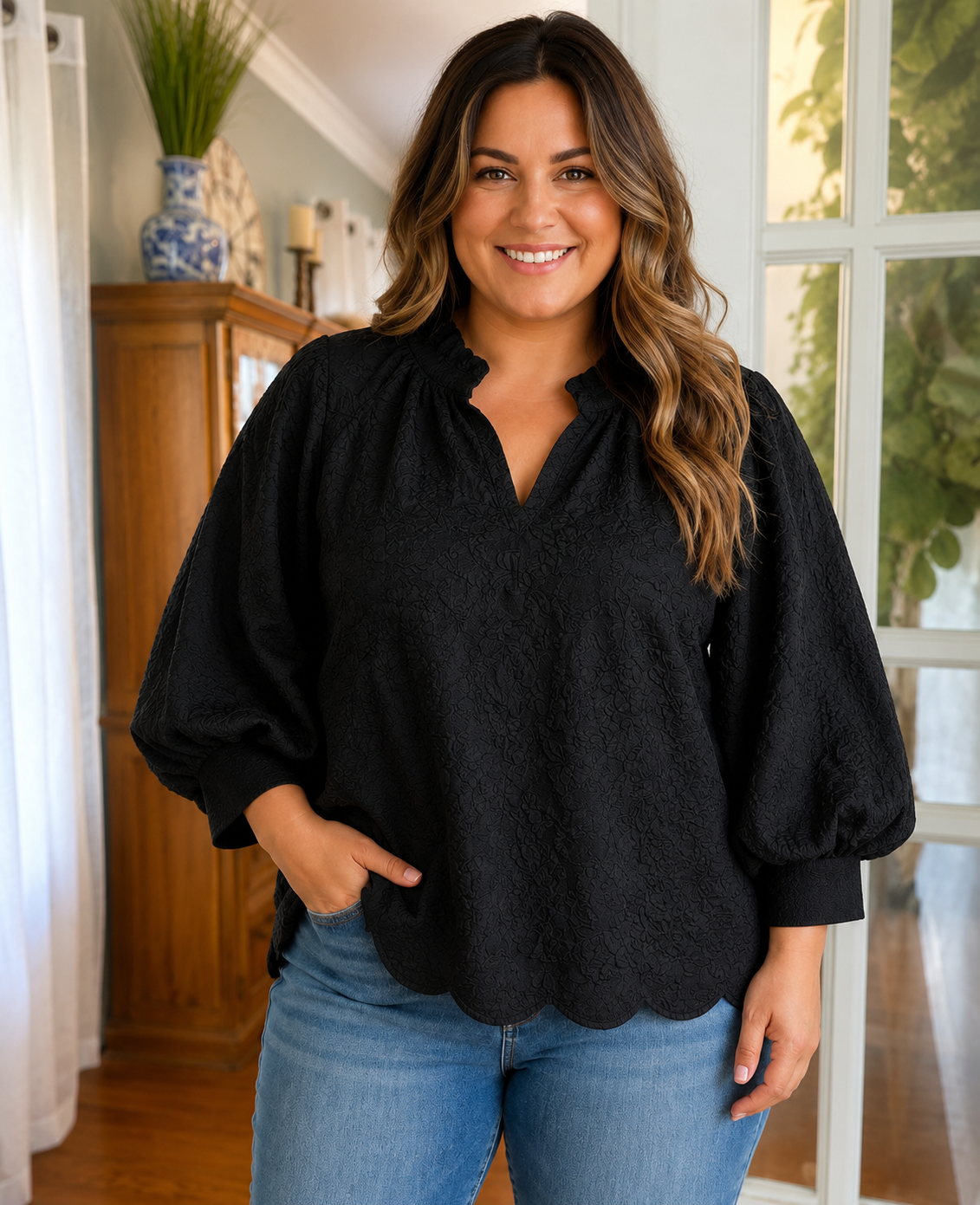 Umgee Black Jacquard Puff Sleeve Blouse Plus Size
