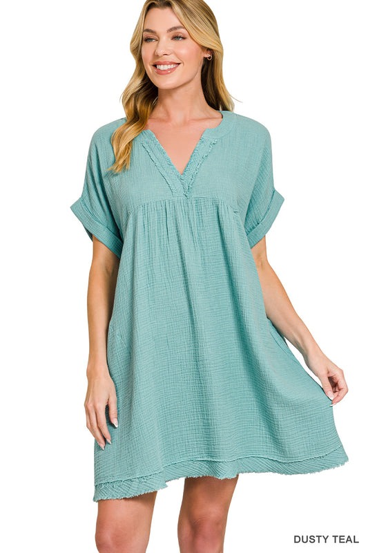 Dusty Teal Raw Edge Gauze Dress by Zenana