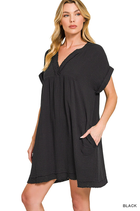 Black Raw Edge Gauze Dress by Zenana