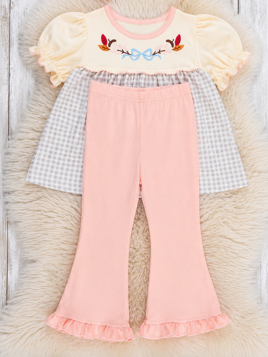 Autumn Acorns Bows Embroidered Plaid Bell-Bottom Outfit
