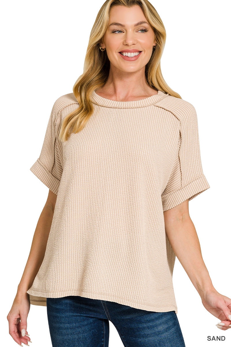 Raised Rib Cuff Raw Edge Top